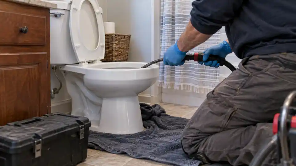 Clogged toilet service Bremerton WA tech guiding a closet auger into a toilet bowl