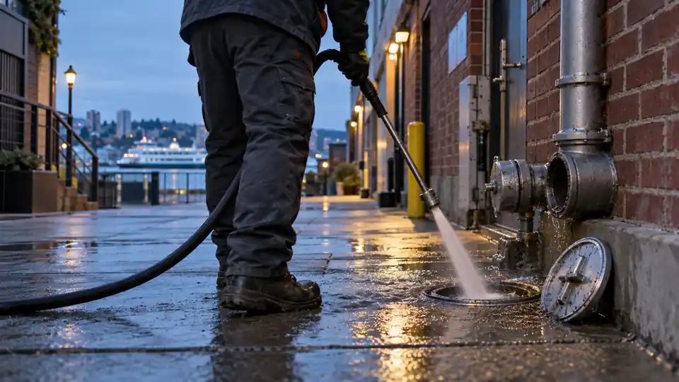 Drain cleaning Downtown Bremerton tech jetting a grease line behind a restaurant near Pacific Avenue