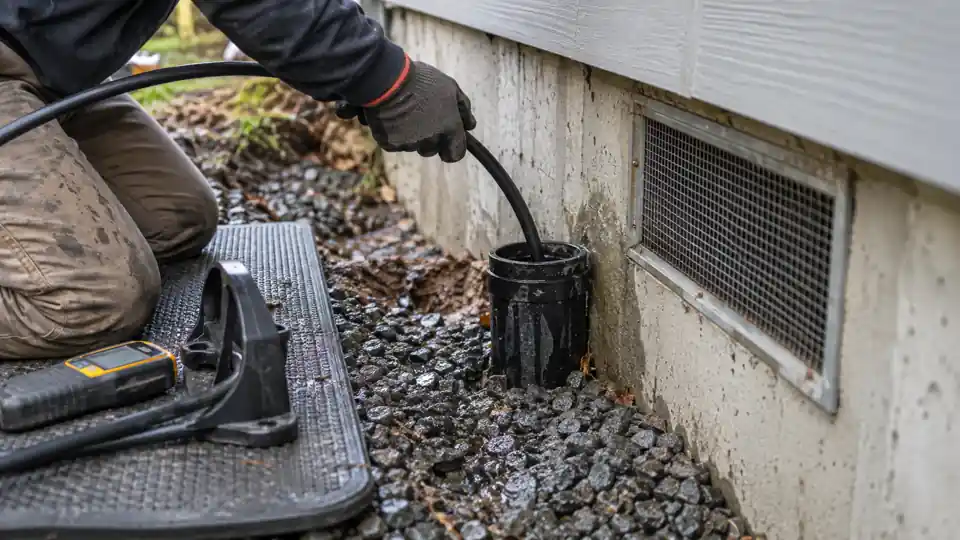 Footing drain cleaning Bremerton WA tech jetting a perimeter drain cleanout beside a crawl space vent