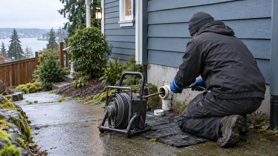 Drain cleaning Bremerton WA tech feeding a cable into a cleanout beside a Bremerton home