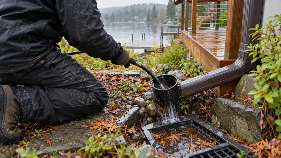 Drain cleaning Kitsap Lake Bremerton tech jetting a downspout line at a lakeside home off Kitsap Lake Road