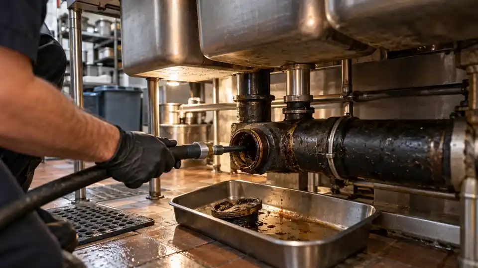 Restaurant drain cleaning Bremerton WA tech jetting a grease line from a kitchen floor sink after closing
