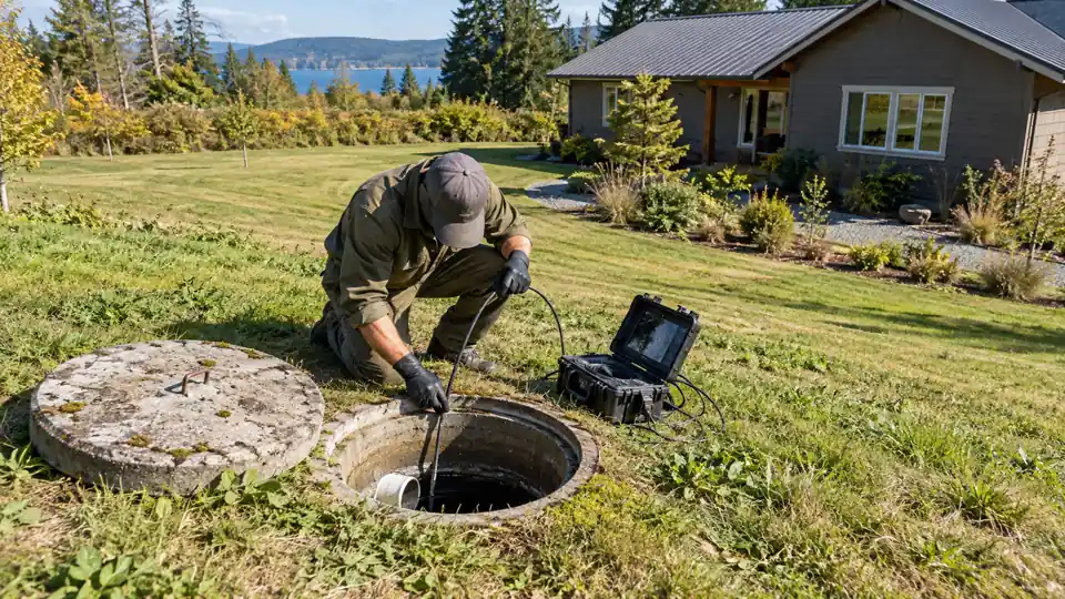 Drain cleaning Seabeck WA tech opening a septic cleanout on a wooded lot near Hood Canal