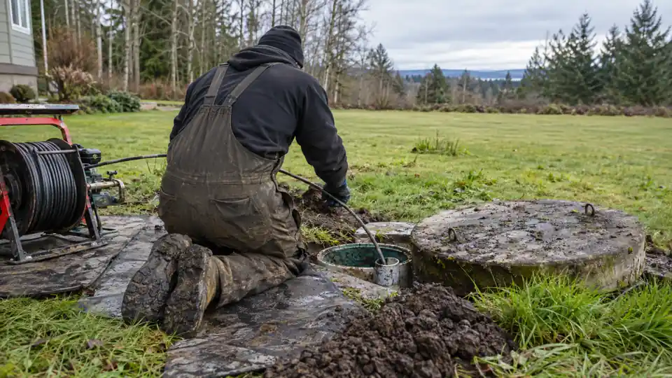 Septic line cleaning Bremerton WA tech clearing the inlet pipe between a rural house and its tank lid