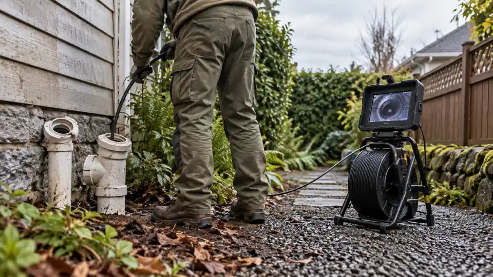 Sewer line cleaning Bremerton WA tech running a cable and camera into a yard cleanout