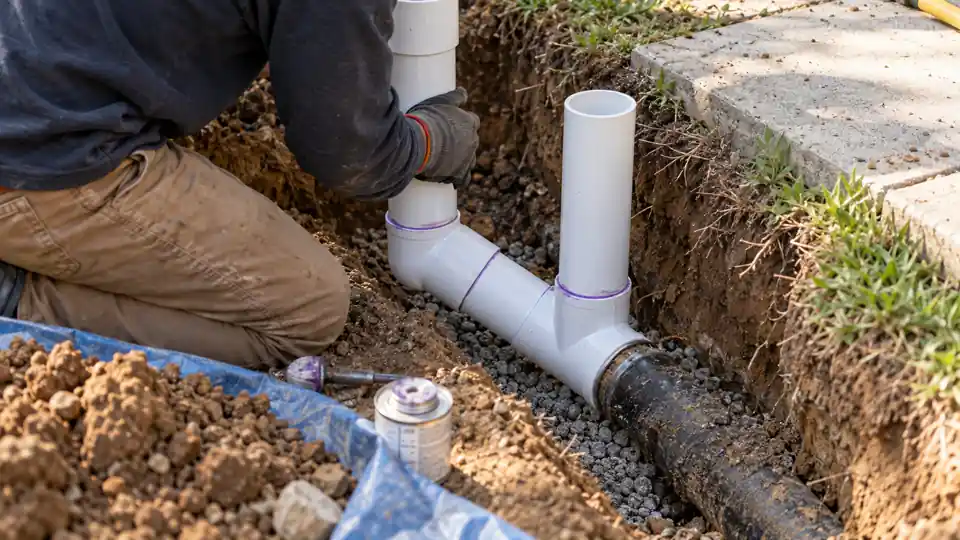 Sewer cleanout installation Bremerton WA crew setting a new two way cleanout fitting in a small yard pit