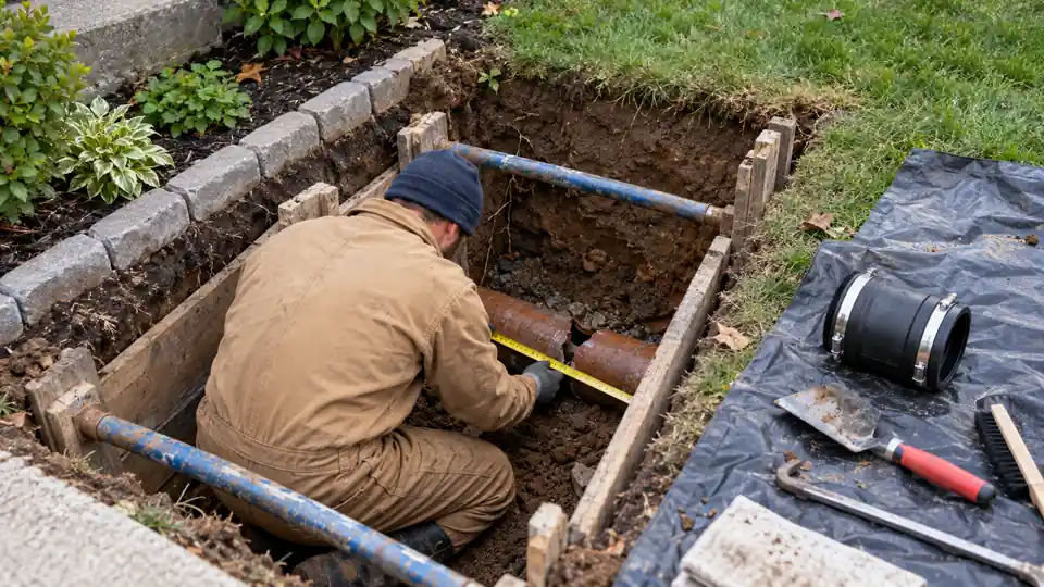 Sewer line repair Bremerton WA crew working at a small access pit in a front yard