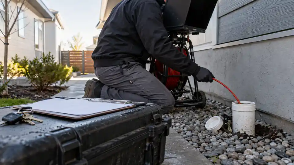 Sewer scope inspection Bremerton WA tech showing a buyer pipe video before closing