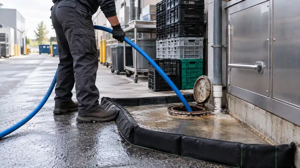 Drain cleaning Silverdale WA tech jetting a kitchen line behind a restaurant off Silverdale Way