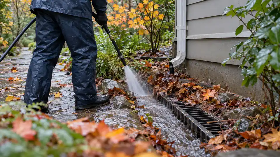 Storm drain cleaning Bremerton WA tech jetting a yard drain beside a downspout with fir needles nearby