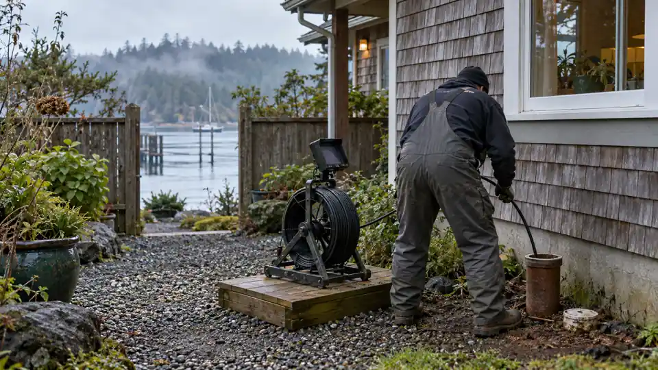 Drain cleaning Tracyton WA tech checking a cleanout beside a waterfront cabin on Dyes Inlet