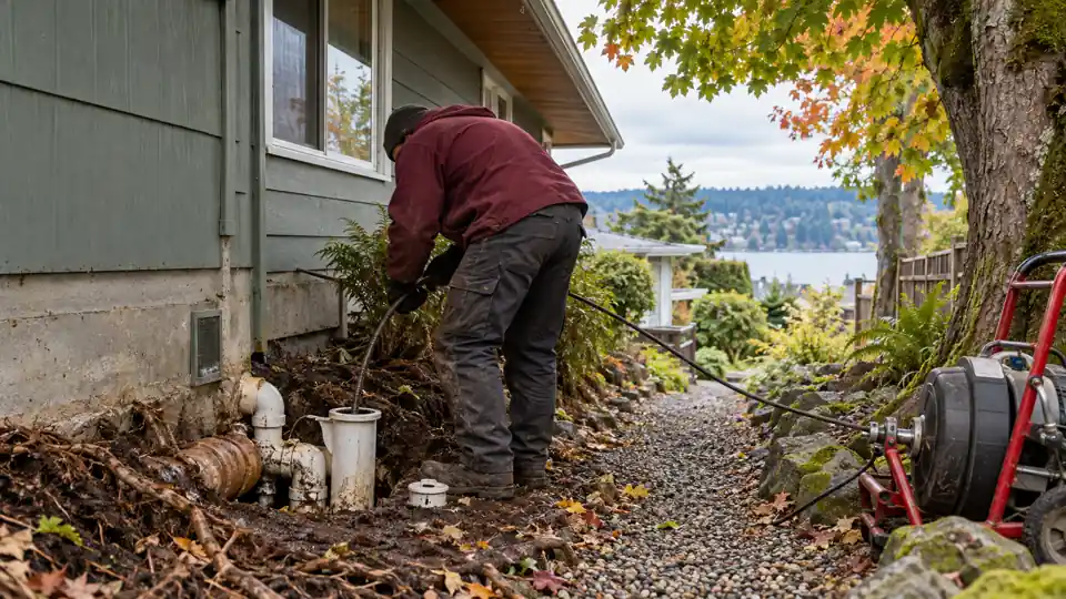 Drain cleaning West Bremerton tech feeding a cable into a cleanout beside a mid century home off Kitsap Way